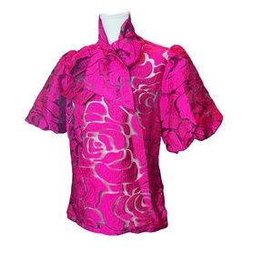 Item #A258  Nancy  Barbiecore  Glam Chic  Bow  Puff Sleeve Fuchsia Blouse NWT  M